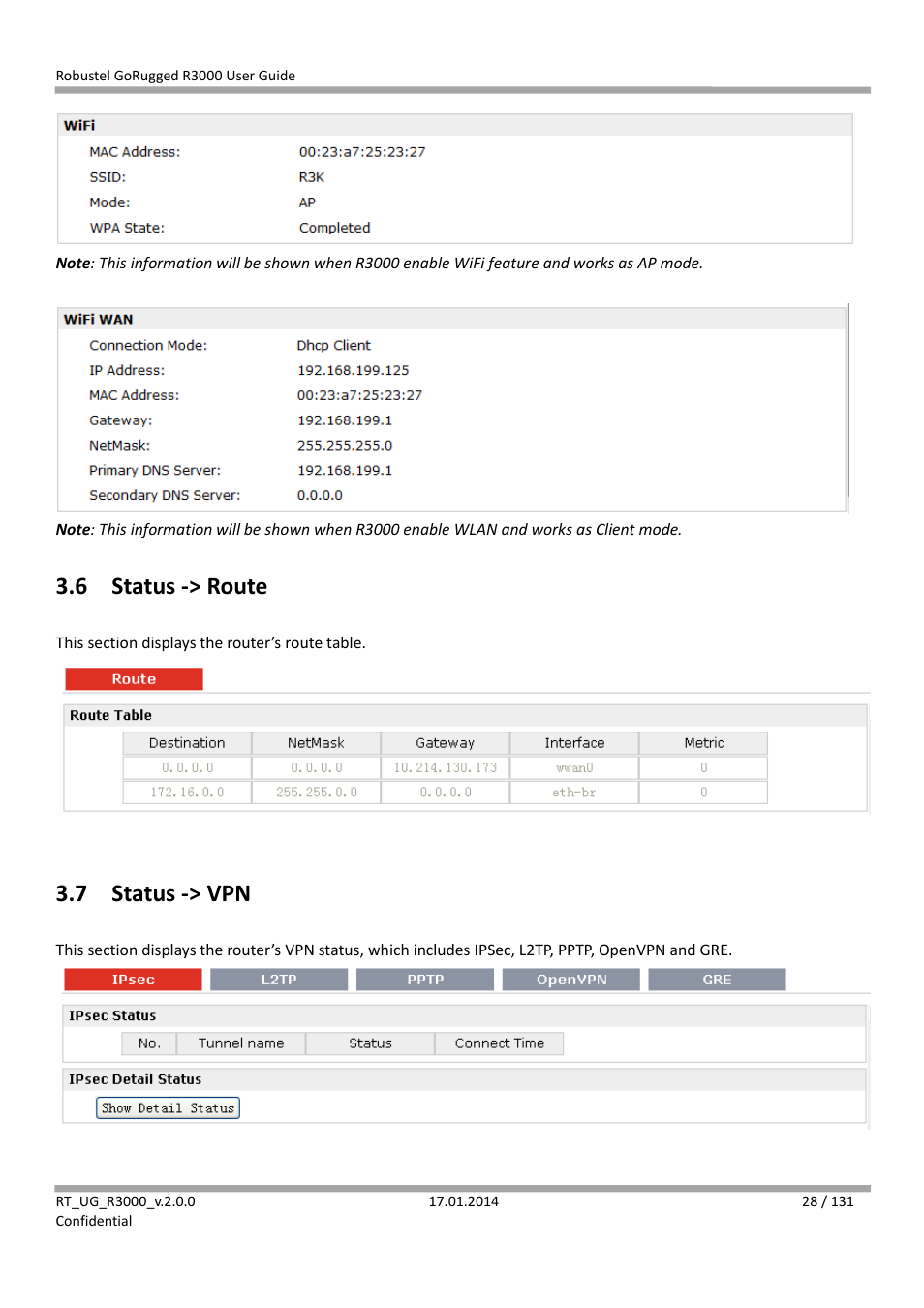 6 status -> route, 7 status -> vpn, Status -> route | Status -> vpn | Robustel R3000 User Guide User Manual | Page 29 / 132