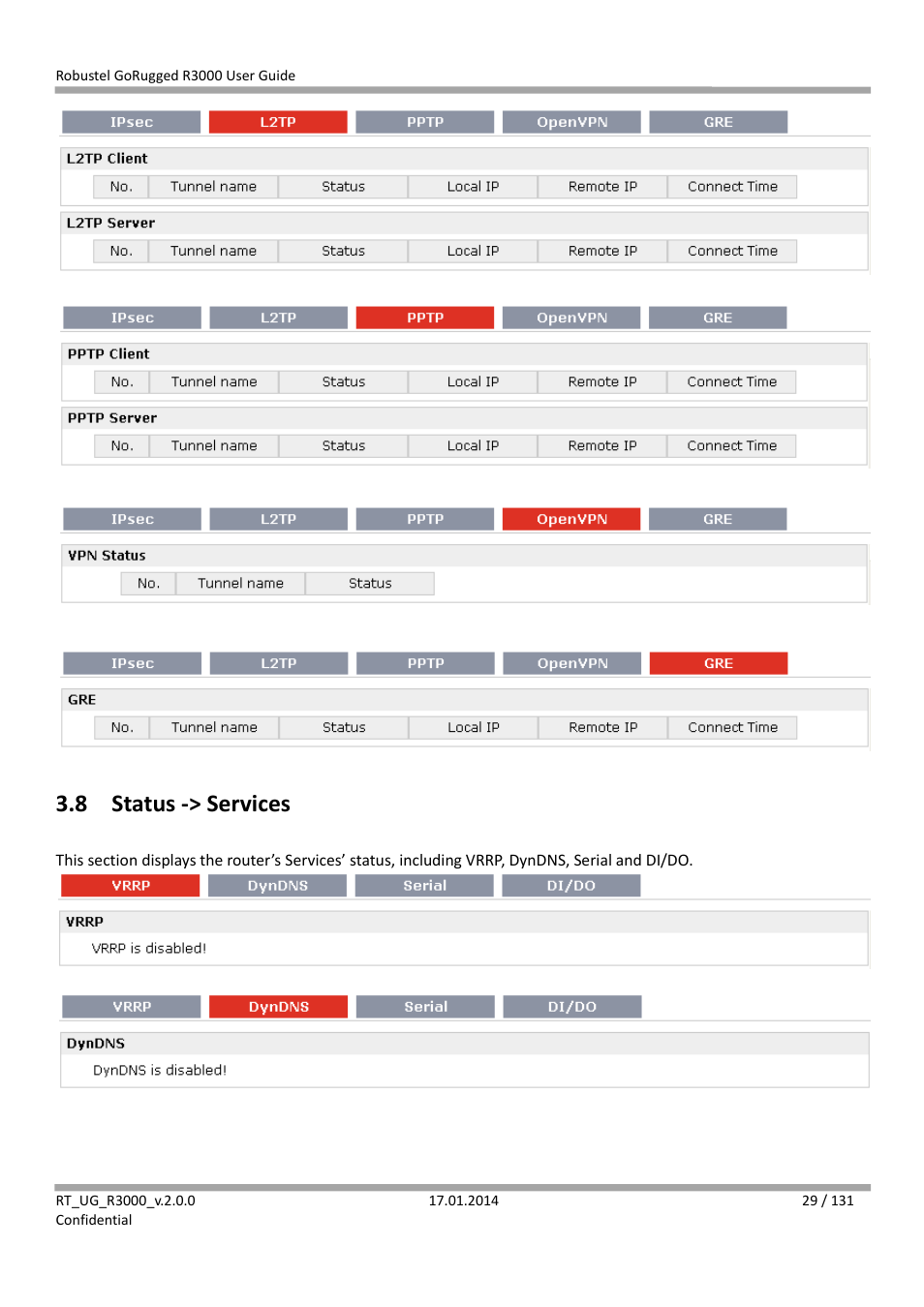 8 status -> services, Status -> services | Robustel R3000 User Guide User Manual | Page 30 / 132