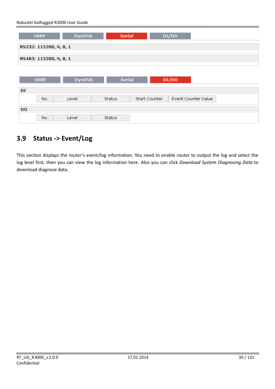 9 status -> event/log, Status -> event/log | Robustel R3000 User Guide User Manual | Page 31 / 132