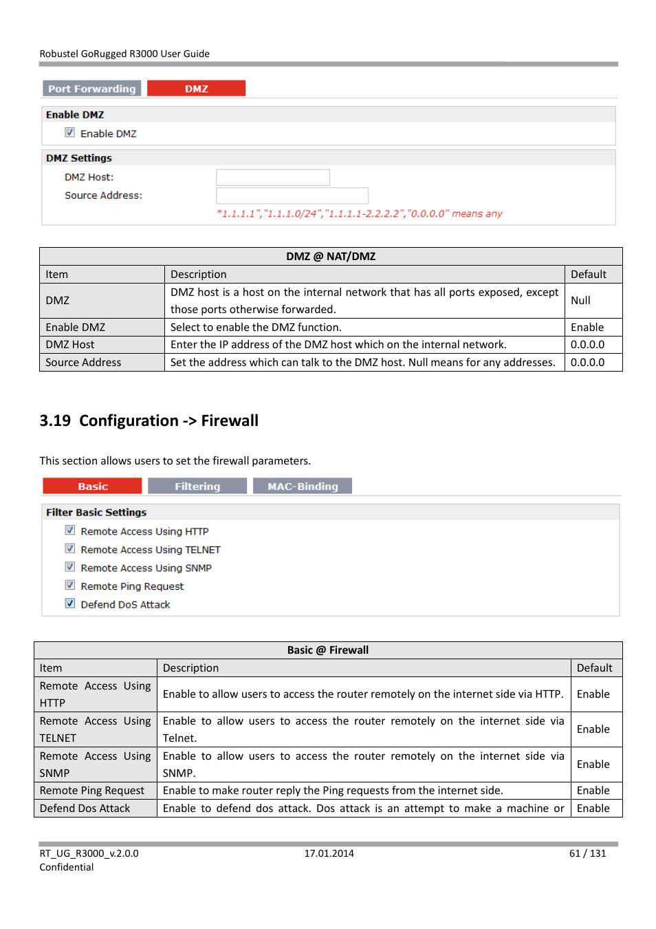 19 configuration -> firewall, Configuration -> firewall | Robustel R3000 User Guide User Manual | Page 62 / 132