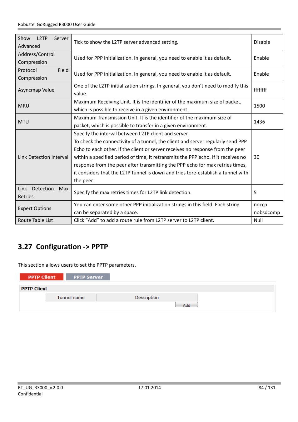 27 configuration -> pptp, Configuration -> pptp | Robustel R3000 User Guide User Manual | Page 85 / 132