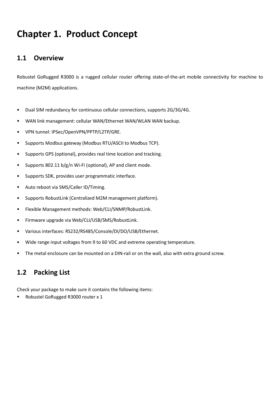 Chapter 1. product concept, 1 overview, 2 packing list | Chapter 1, Product concept, Overview, Packing list | Robustel R3000 User Guide User Manual | Page 9 / 132