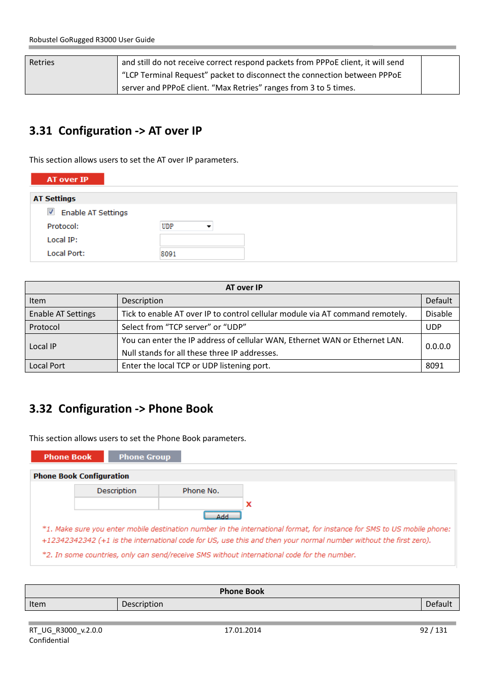 31 configuration -> at over ip, 32 configuration -> phone book, Configuration -> at over ip | Configuration -> phone book | Robustel R3000 User Guide User Manual | Page 93 / 132