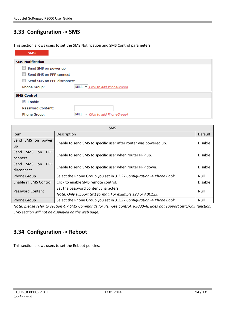 33 configuration -> sms, 34 configuration -> reboot, Configuration -> sms | Configuration -> reboot | Robustel R3000 User Guide User Manual | Page 95 / 132