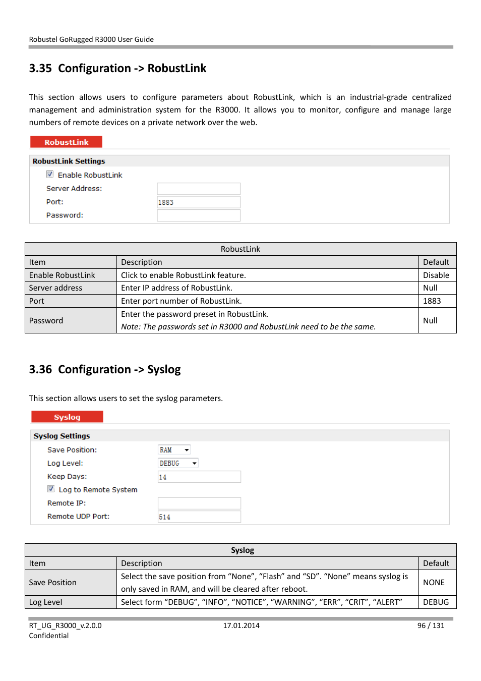 35 configuration -> robustlink, 36 configuration -> syslog, Configuration -> robustlink | Configuration -> syslog | Robustel R3000 User Guide User Manual | Page 97 / 132