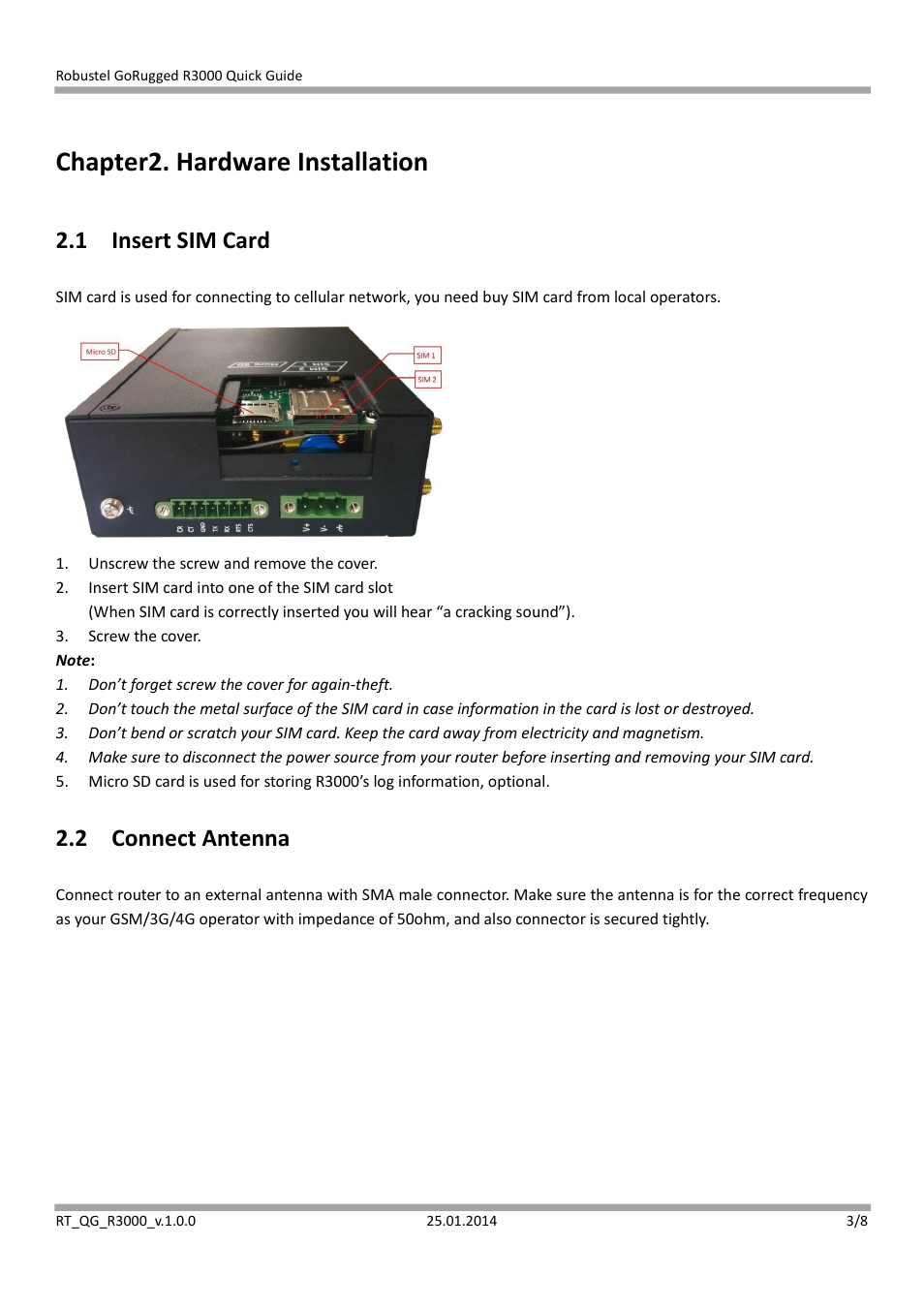 Chapter2. hardware installation, 1 insert sim card, 2 connect antenna | Robustel R3000 Quick Guide User Manual | Page 3 / 8