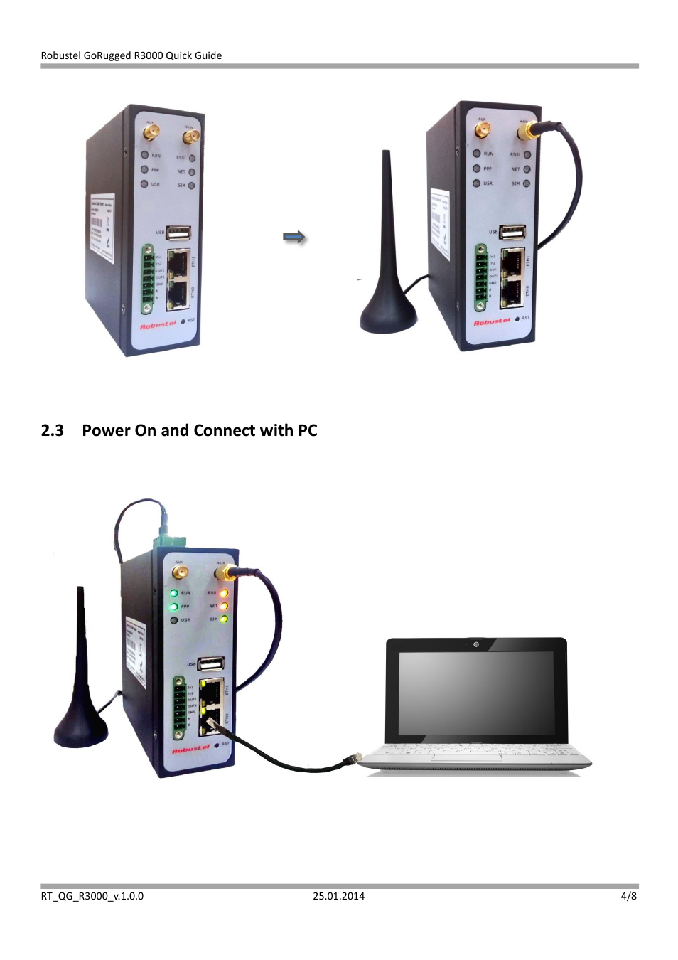 3 power on and connect with pc | Robustel R3000 Quick Guide User Manual | Page 4 / 8