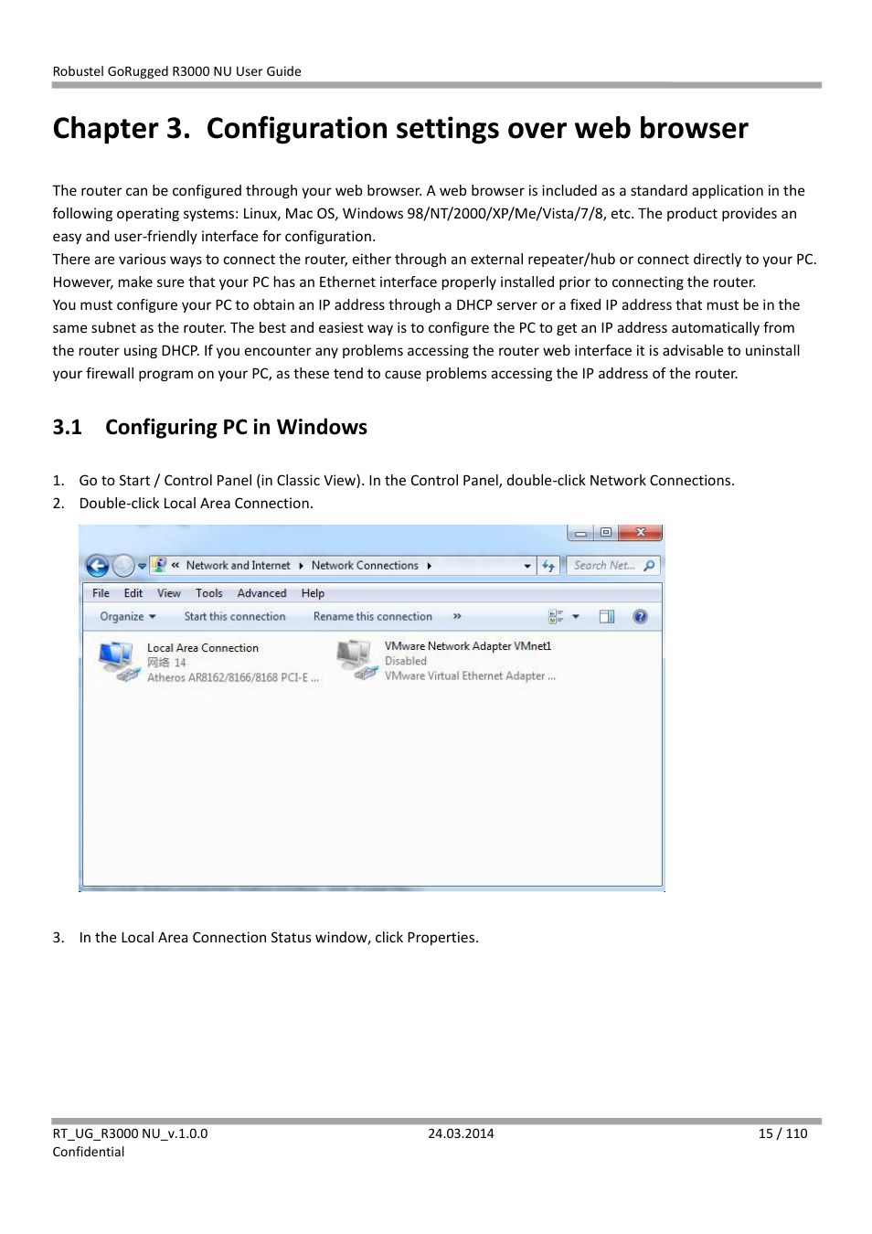 Chapter 3. configuration settings over web browser, 1 configuring pc in windows, Chapter 3 | Configuration settings over web browser, Configuring pc in windows | Robustel R3000 NU User Manual | Page 16 / 111