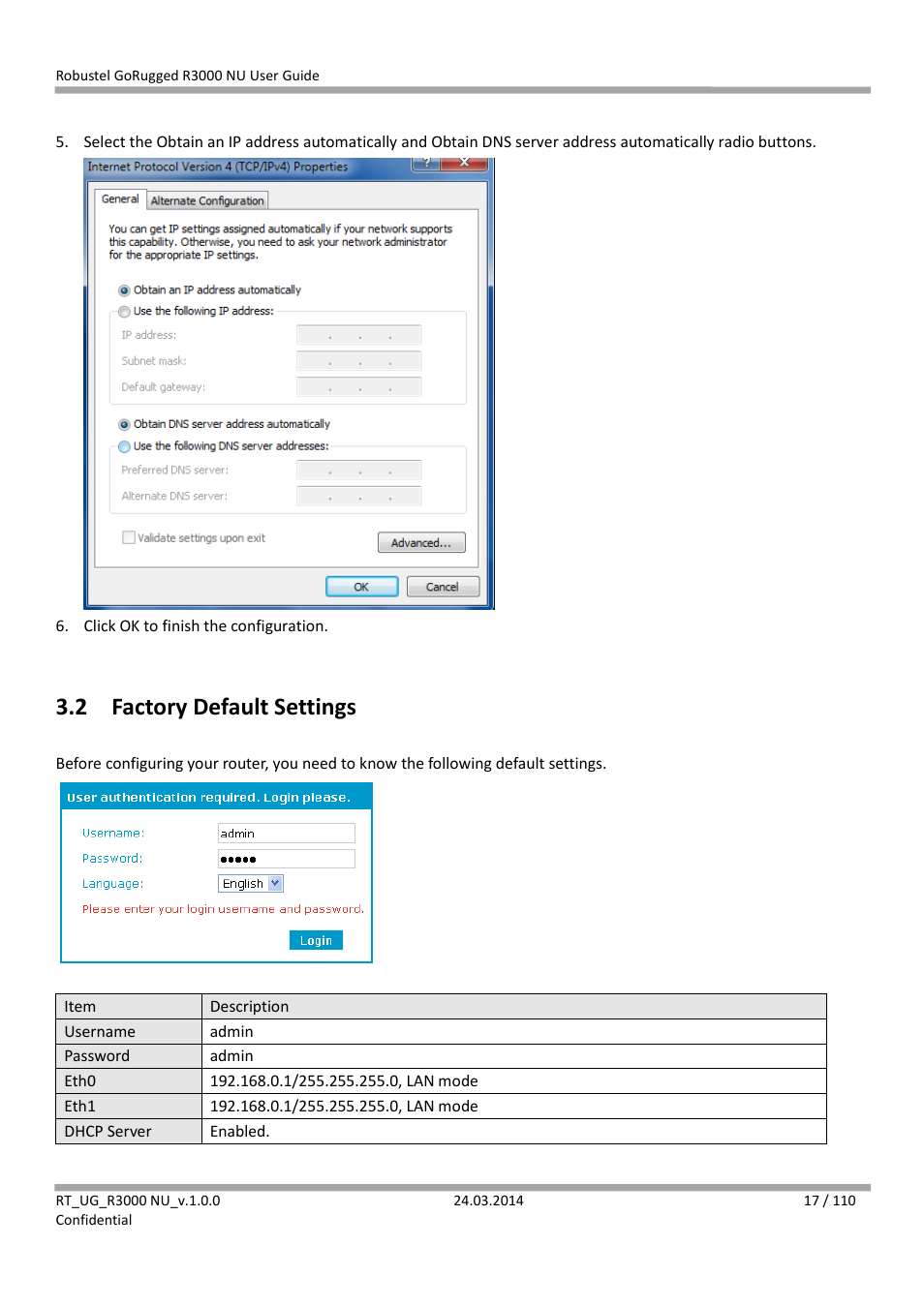 2 factory default settings, Factory default settings | Robustel R3000 NU User Manual | Page 18 / 111