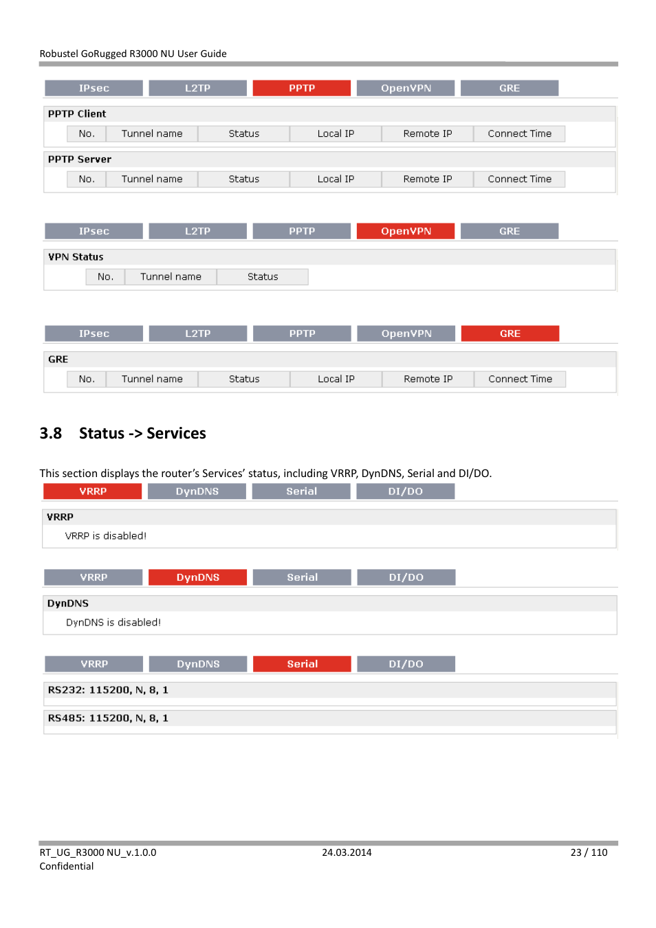 8 status -> services, Status -> services | Robustel R3000 NU User Manual | Page 24 / 111