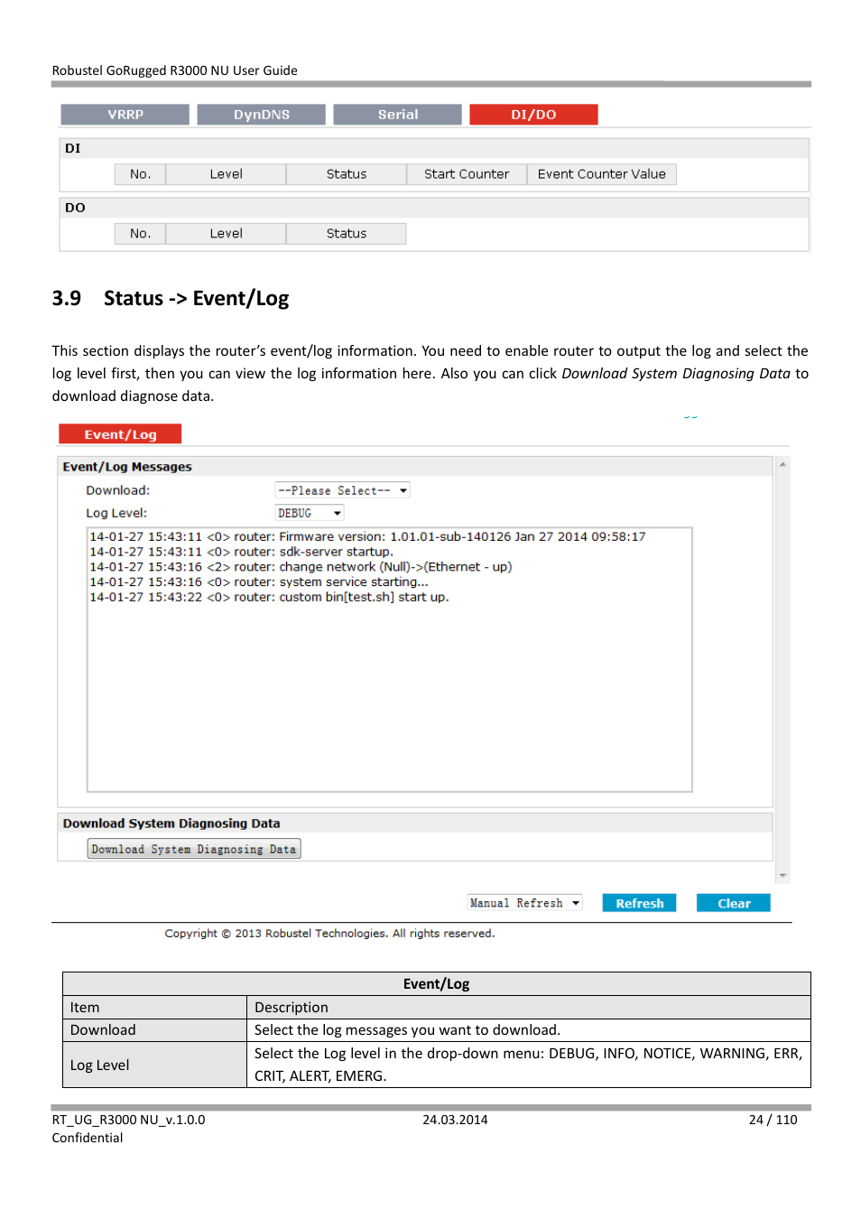 9 status -> event/log, Status -> event/log | Robustel R3000 NU User Manual | Page 25 / 111