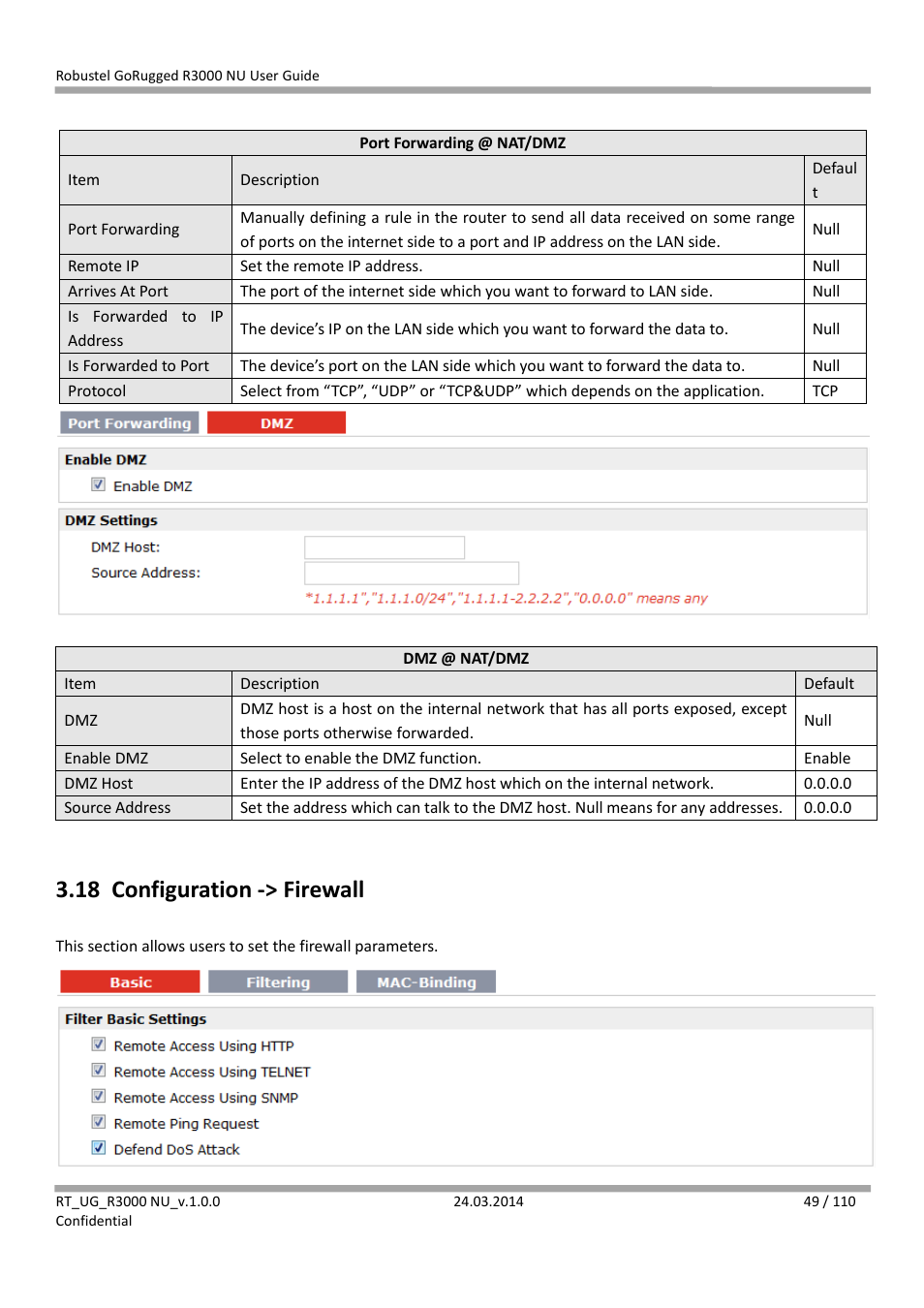 18 configuration -> firewall, Configuration -> firewall | Robustel R3000 NU User Manual | Page 50 / 111