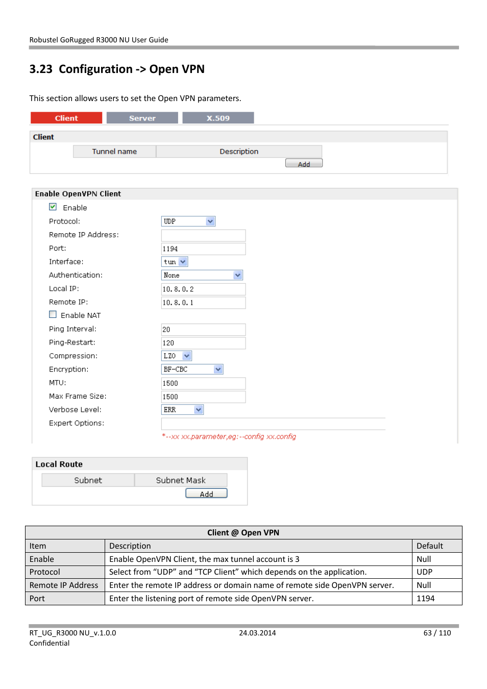 23 configuration -> open vpn, Configuration -> open vpn | Robustel R3000 NU User Manual | Page 64 / 111