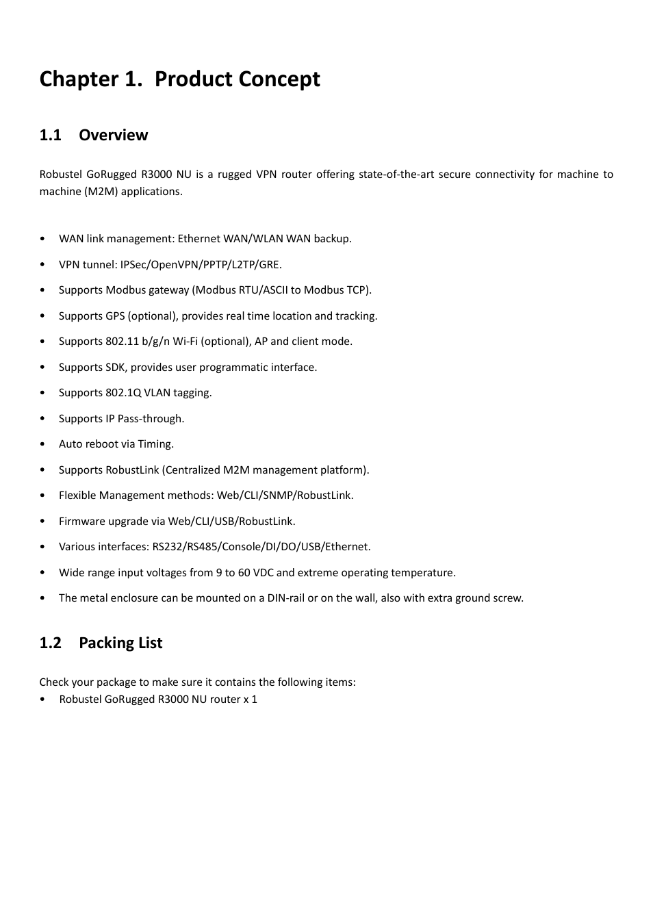 Chapter 1. product concept, 1 overview, 2 packing list | Chapter 1, Product concept, Overview, Packing list | Robustel R3000 NU User Manual | Page 7 / 111