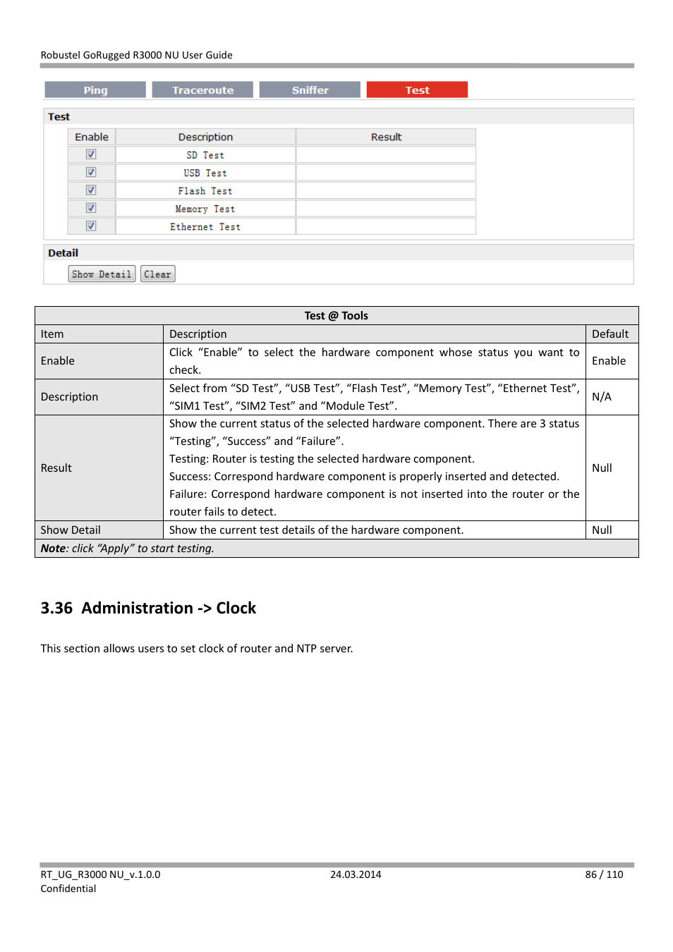 36 administration -> clock, Administration -> clock | Robustel R3000 NU User Manual | Page 87 / 111