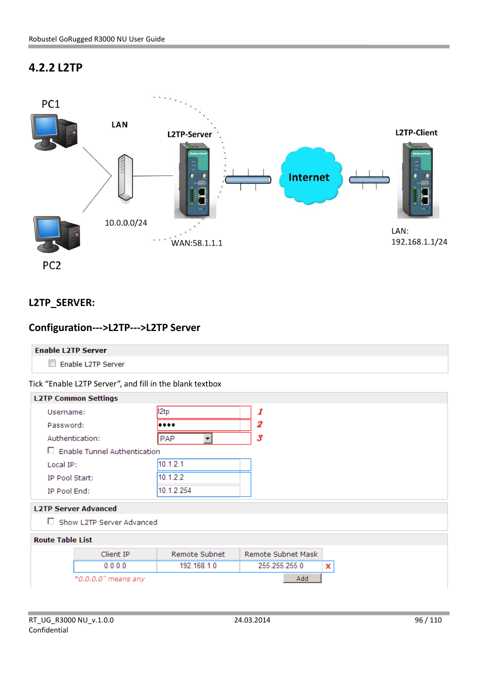 2 l2tp, L2tp, L2tp_server: configuration--->l2tp--->l2tp server | Robustel R3000 NU User Manual | Page 97 / 111