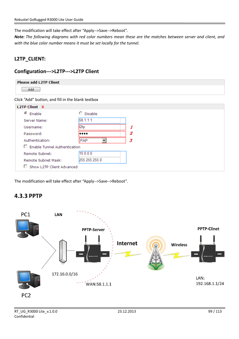 3 pptp, Pptp, L2tp_client: configuration--->l2tp--->l2tp client | Robustel R3000 Lite User Guide User Manual | Page 100 / 114