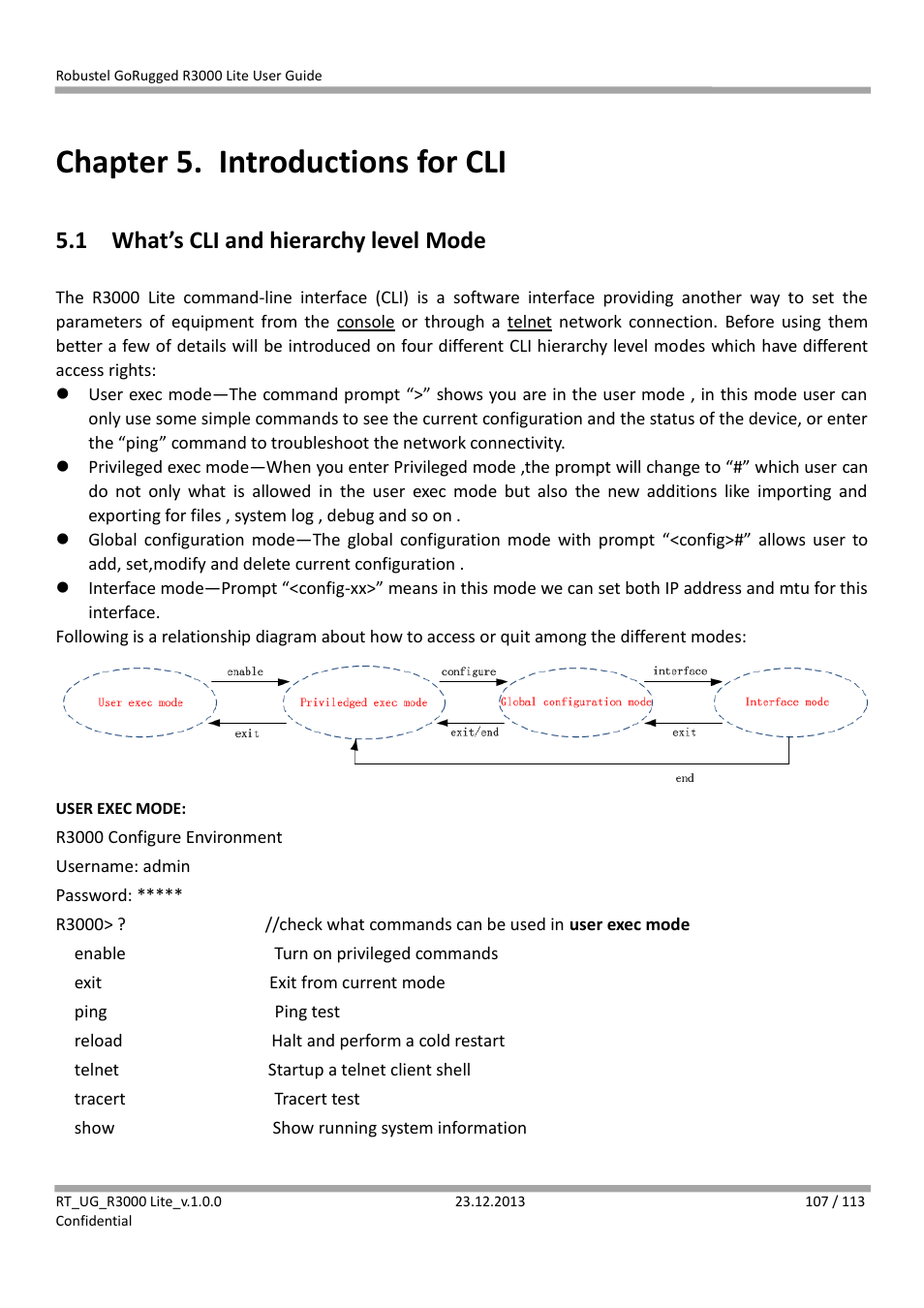 Chapter 5. introductions for cli, 1 what’s cli and hierarchy level mode, Chapter 5 | Introductions for cli, What’s cli and hierarchy level mode | Robustel R3000 Lite User Guide User Manual | Page 108 / 114