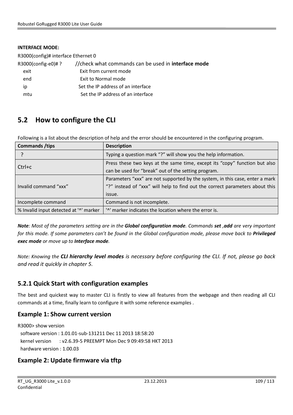 2 how to configure the cli, How to configure the cli, 1 quick start with configuration examples | Example 1: show current version, Example 2: update firmware via tftp | Robustel R3000 Lite User Guide User Manual | Page 110 / 114