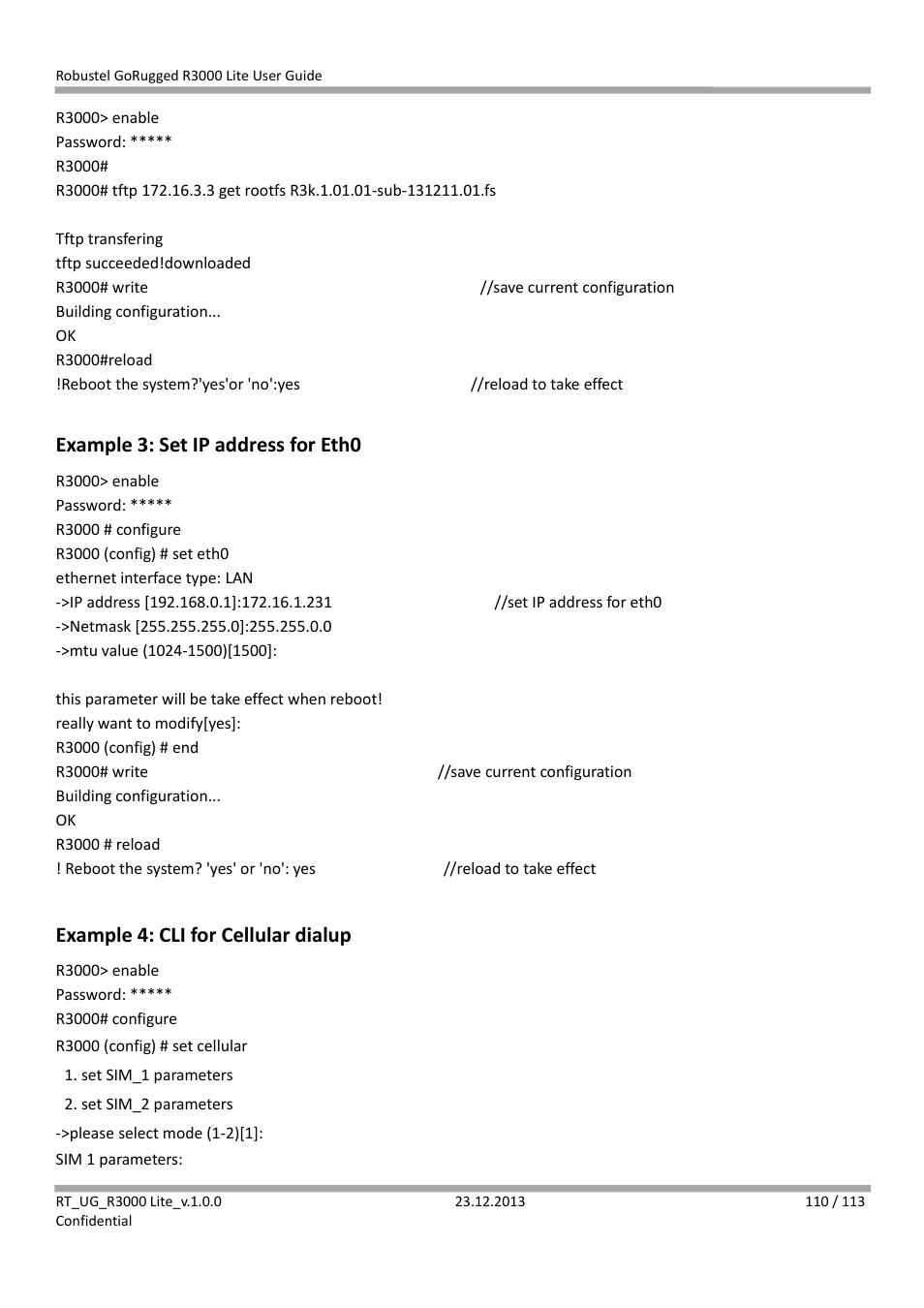 Example 3: set ip address for eth0, Example 4: cli for cellular dialup | Robustel R3000 Lite User Guide User Manual | Page 111 / 114