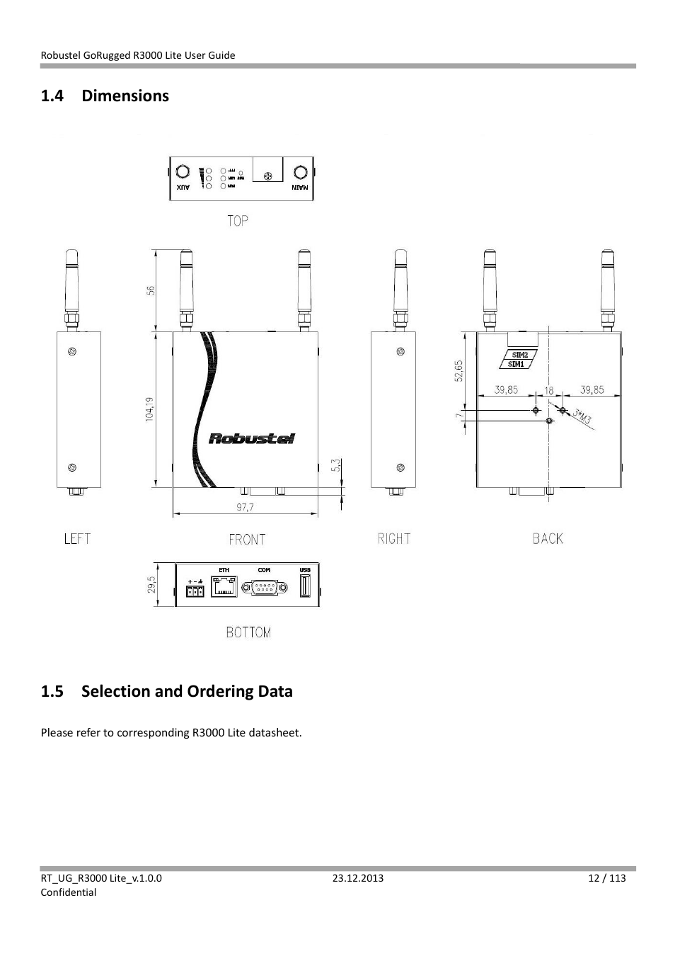 4 dimensions, 5 selection and ordering data, Dimensions | Selection and ordering data | Robustel R3000 Lite User Guide User Manual | Page 13 / 114