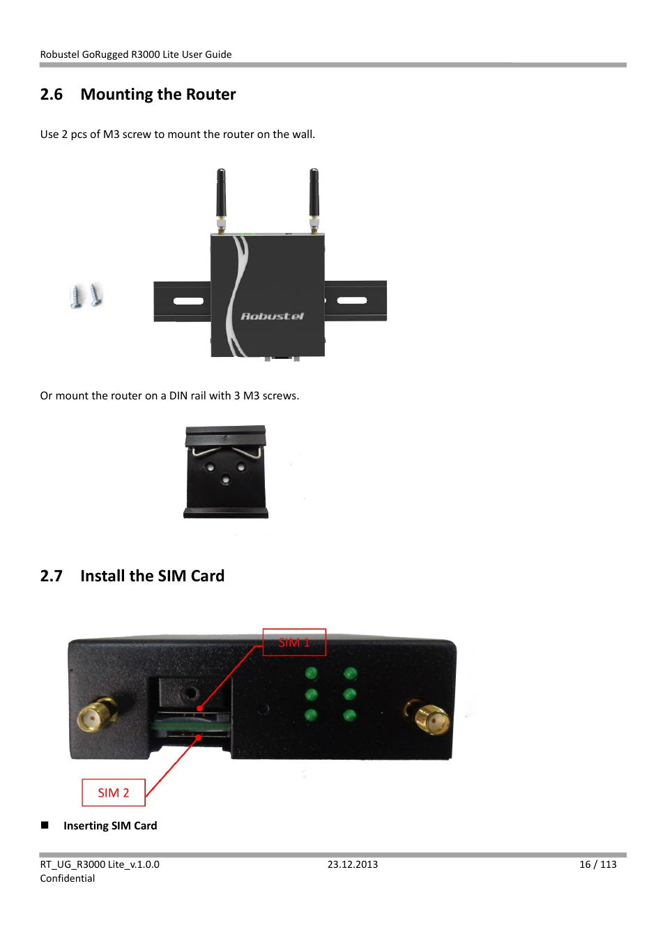 6 mounting the router, 7 install the sim card, Mounting the router | Install the sim card | Robustel R3000 Lite User Guide User Manual | Page 17 / 114