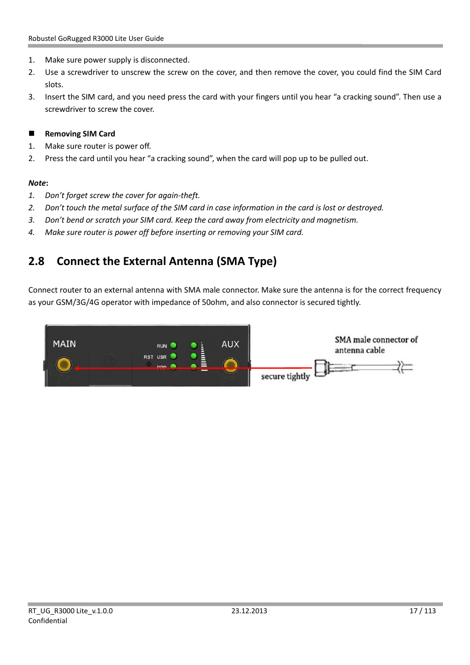 8 connect the external antenna (sma type), Connect the external antenna (sma type) | Robustel R3000 Lite User Guide User Manual | Page 18 / 114