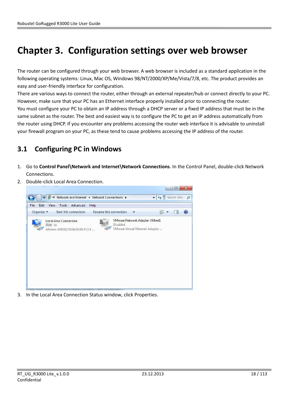 Chapter 3. configuration settings over web browser, 1 configuring pc in windows, Chapter 3 | Configuration settings over web browser, Configuring pc in windows | Robustel R3000 Lite User Guide User Manual | Page 19 / 114