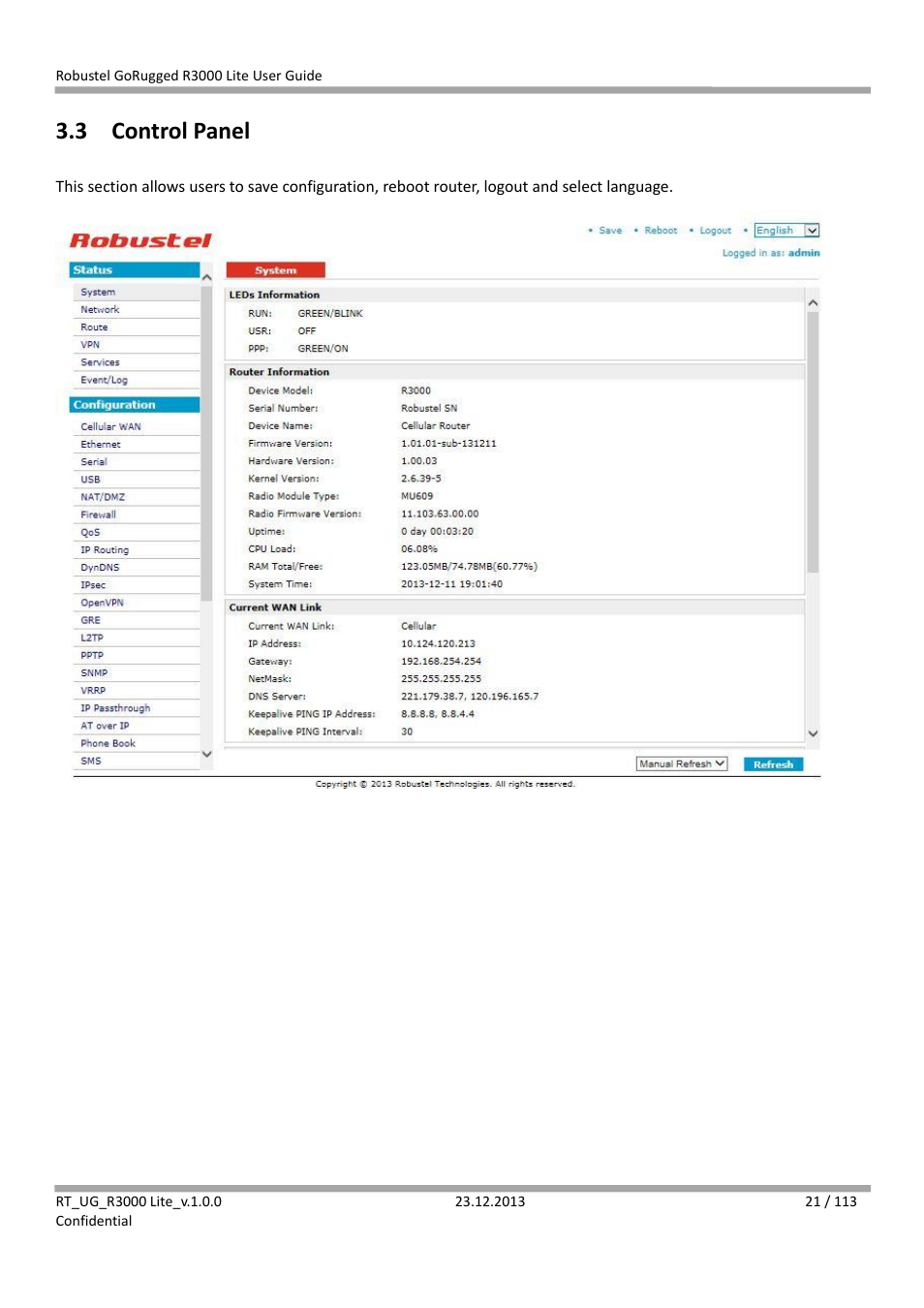 3 control panel, Control panel | Robustel R3000 Lite User Guide User Manual | Page 22 / 114