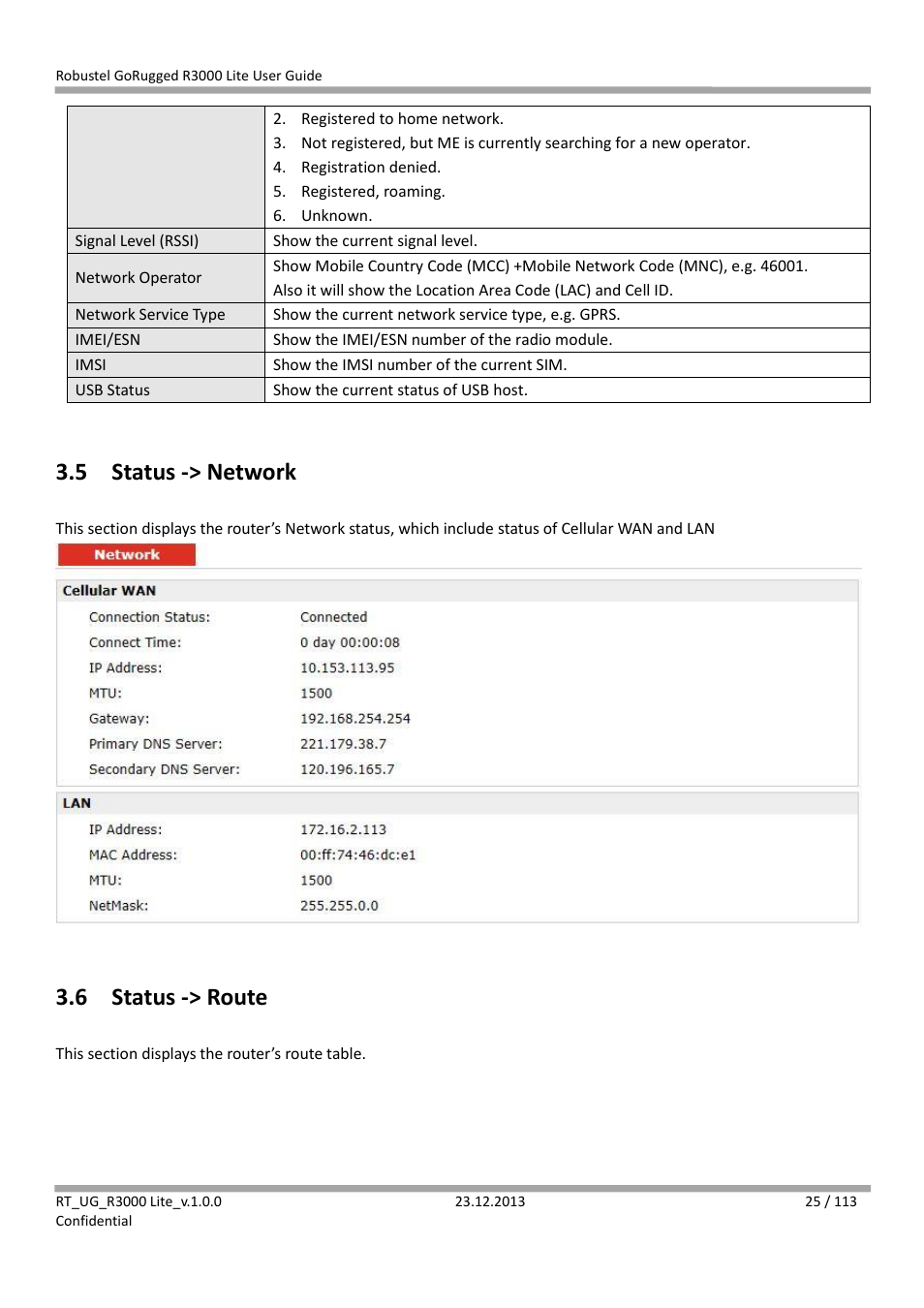 5 status -> network, 6 status -> route, Status -> network | Status -> route | Robustel R3000 Lite User Guide User Manual | Page 26 / 114