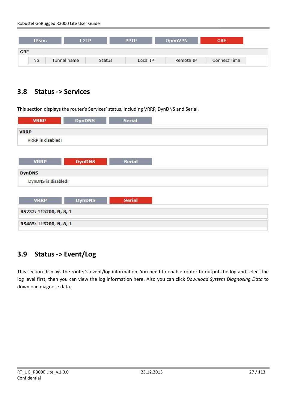 8 status -> services, 9 status -> event/log, Status -> services | Status -> event/log | Robustel R3000 Lite User Guide User Manual | Page 28 / 114