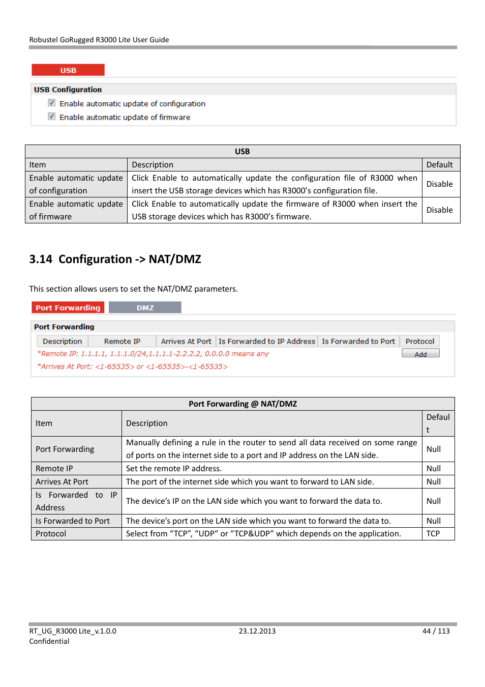 14 configuration -> nat/dmz, Configuration -> nat/dmz | Robustel R3000 Lite User Guide User Manual | Page 45 / 114