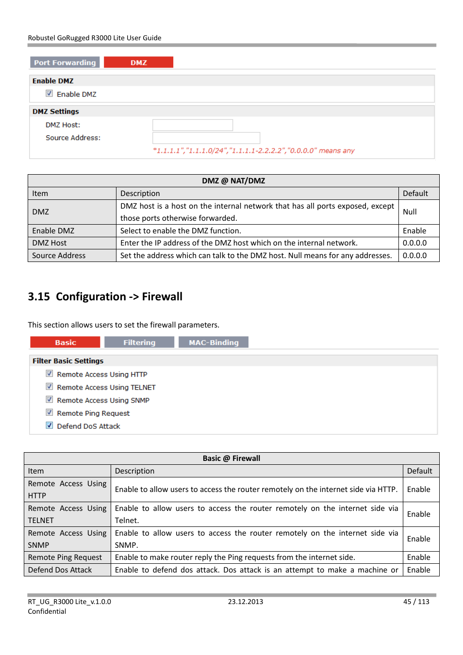 15 configuration -> firewall, Configuration -> firewall | Robustel R3000 Lite User Guide User Manual | Page 46 / 114