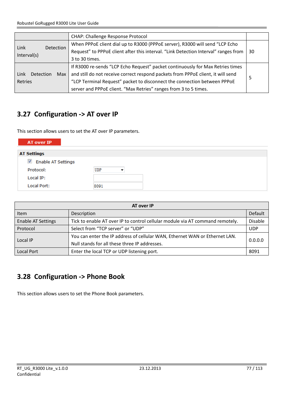 27 configuration -> at over ip, 28 configuration -> phone book, Configuration -> at over ip | Configuration -> phone book | Robustel R3000 Lite User Guide User Manual | Page 78 / 114