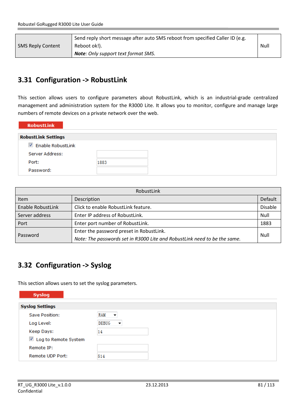 31 configuration -> robustlink, 32 configuration -> syslog, Configuration -> robustlink | Configuration -> syslog | Robustel R3000 Lite User Guide User Manual | Page 82 / 114