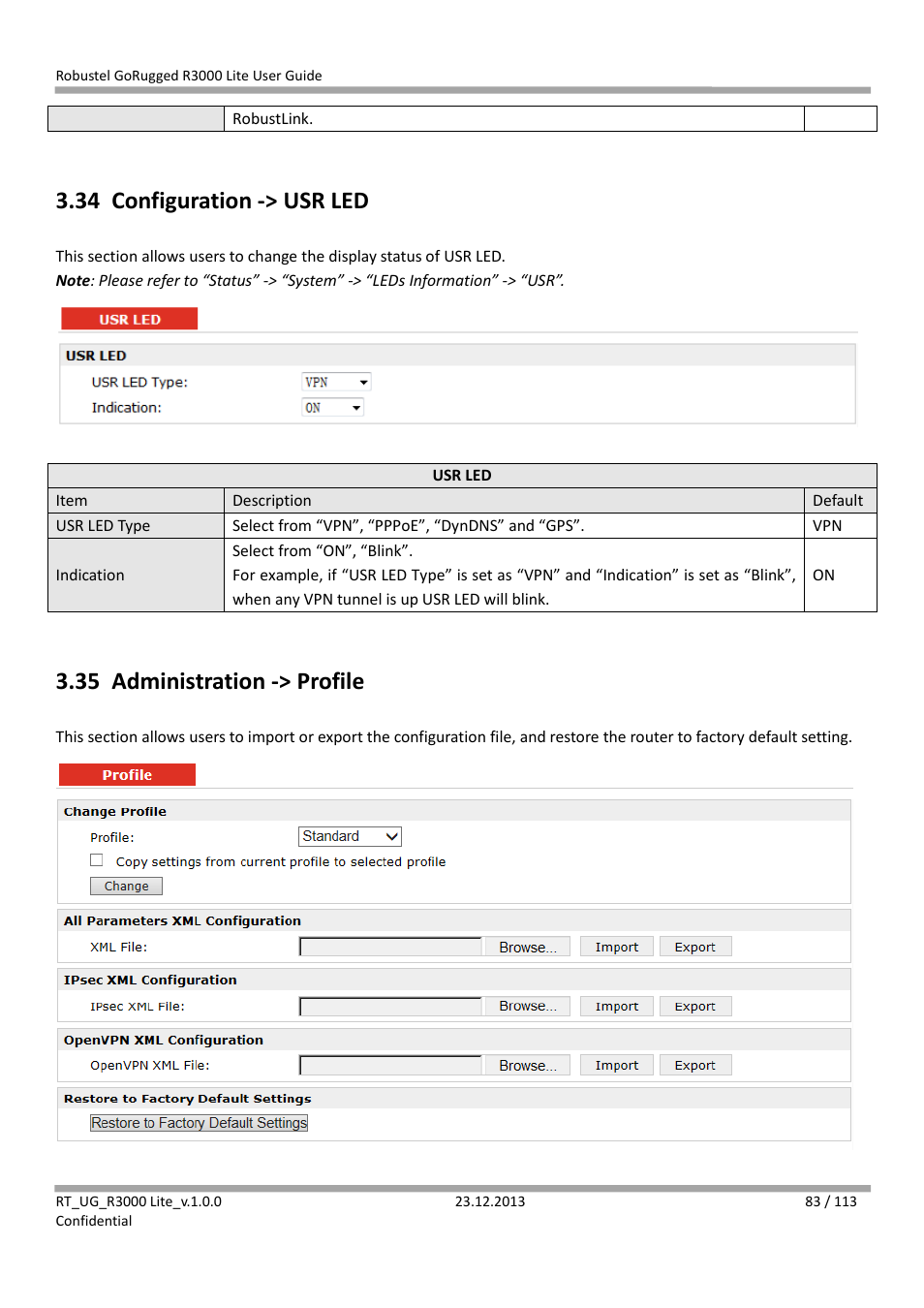 34 configuration -> usr led, 35 administration -> profile, Configuration -> usr led | Administration -> profile | Robustel R3000 Lite User Guide User Manual | Page 84 / 114