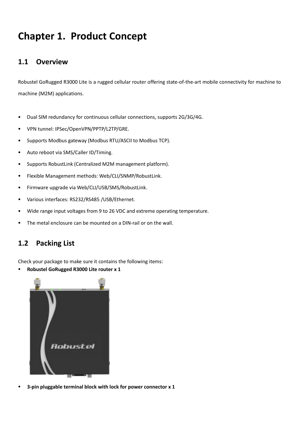 Chapter 1. product concept, 1 overview, 2 packing list | Chapter 1, Product concept, Overview, Packing list | Robustel R3000 Lite User Guide User Manual | Page 9 / 114