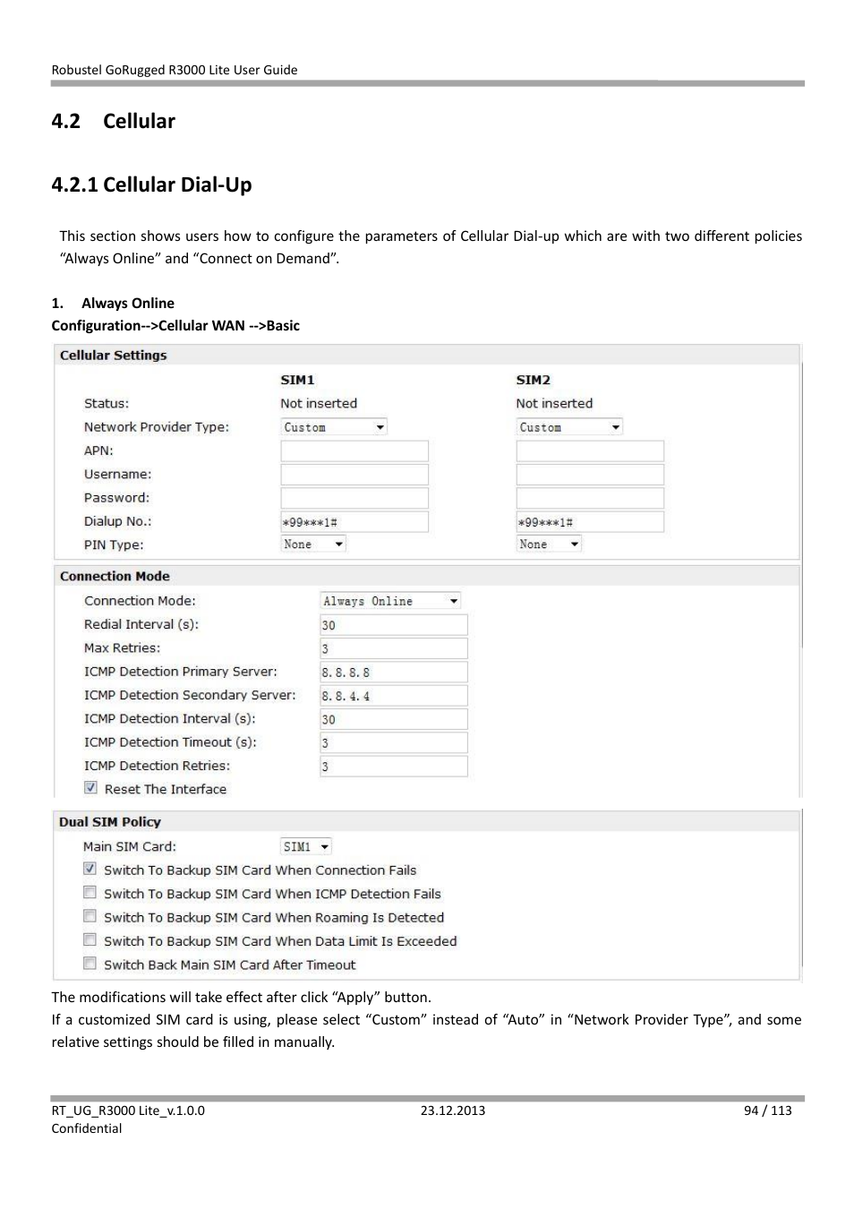 2 cellular, 1 cellular dial-up, Cellular | Cellular dial-up, 2 cellular 4.2.1 cellular dial-up | Robustel R3000 Lite User Guide User Manual | Page 95 / 114