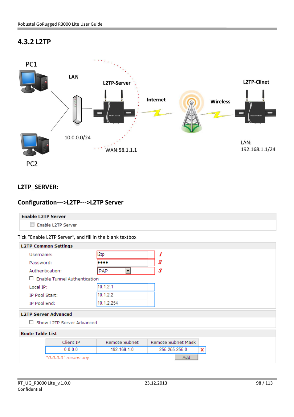 2 l2tp, L2tp, L2tp_server: configuration--->l2tp--->l2tp server | Robustel R3000 Lite User Guide User Manual | Page 99 / 114