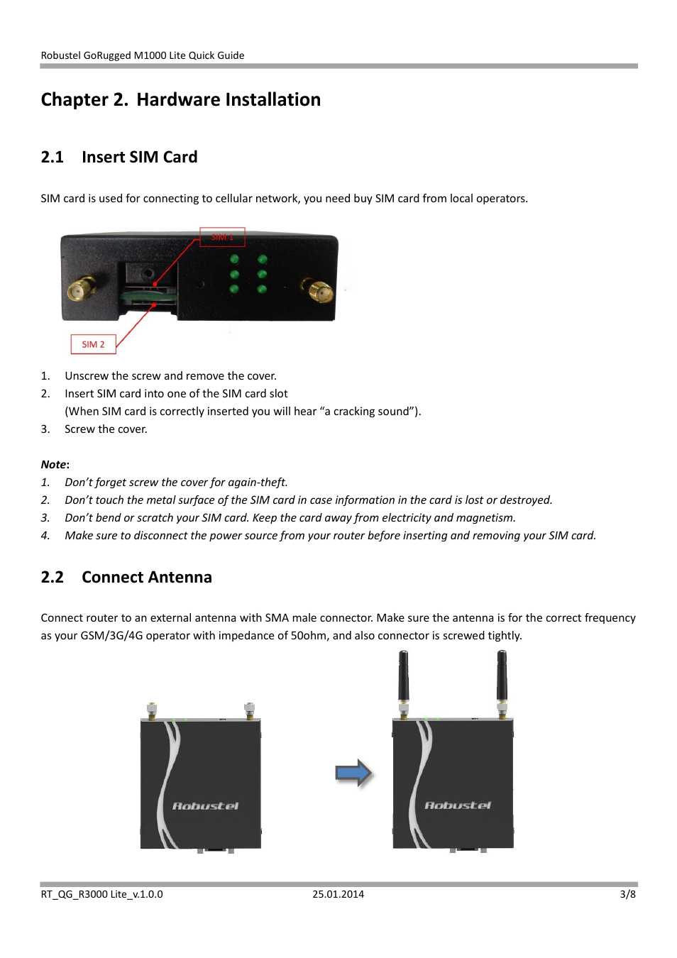 Chapter 2. hardware installation, 1 insert sim card, 2 connect antenna | Robustel R3000 Lite Quick Guide User Manual | Page 3 / 8