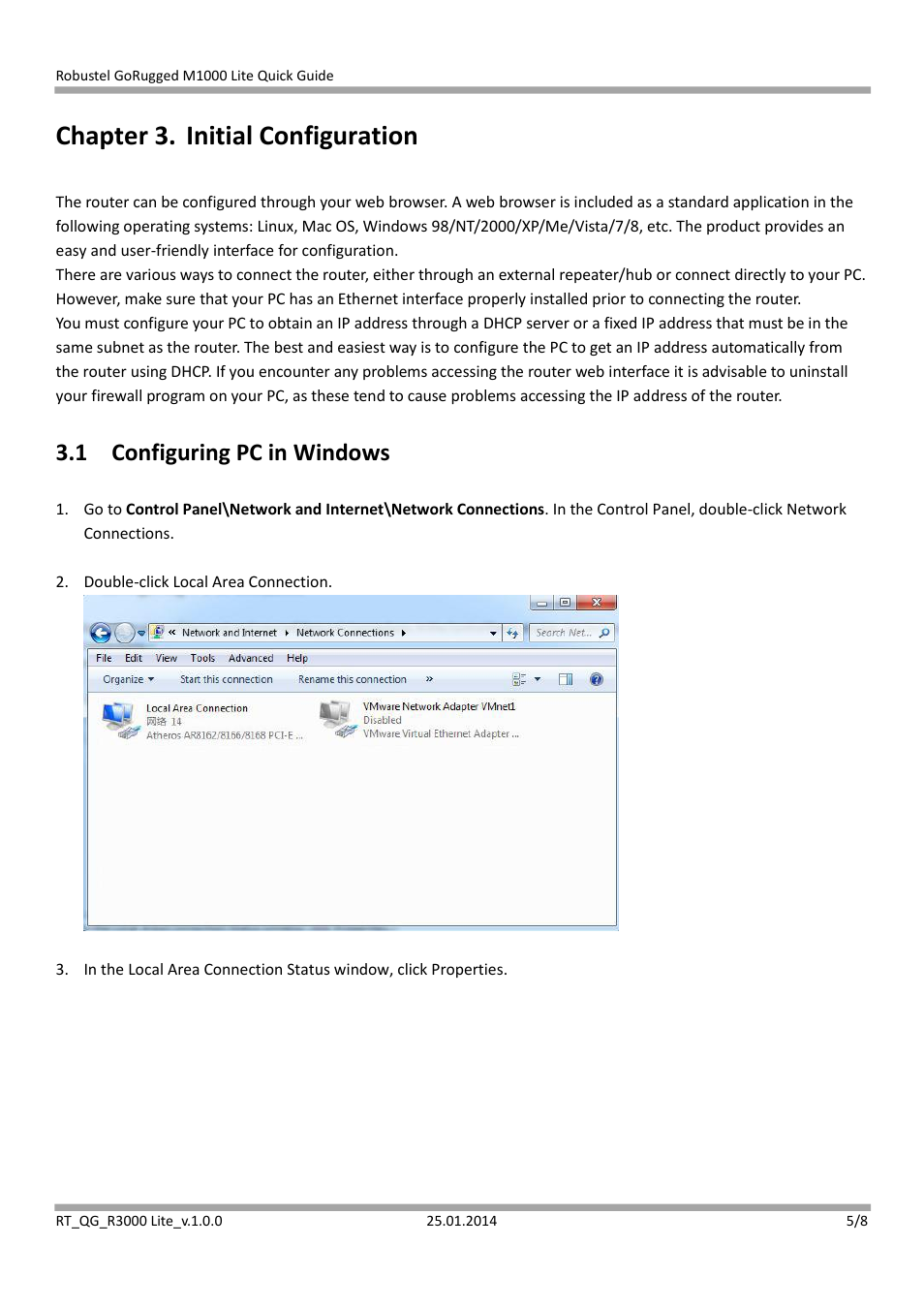 Chapter 3. initial configuration, 1 configuring pc in windows | Robustel R3000 Lite Quick Guide User Manual | Page 5 / 8