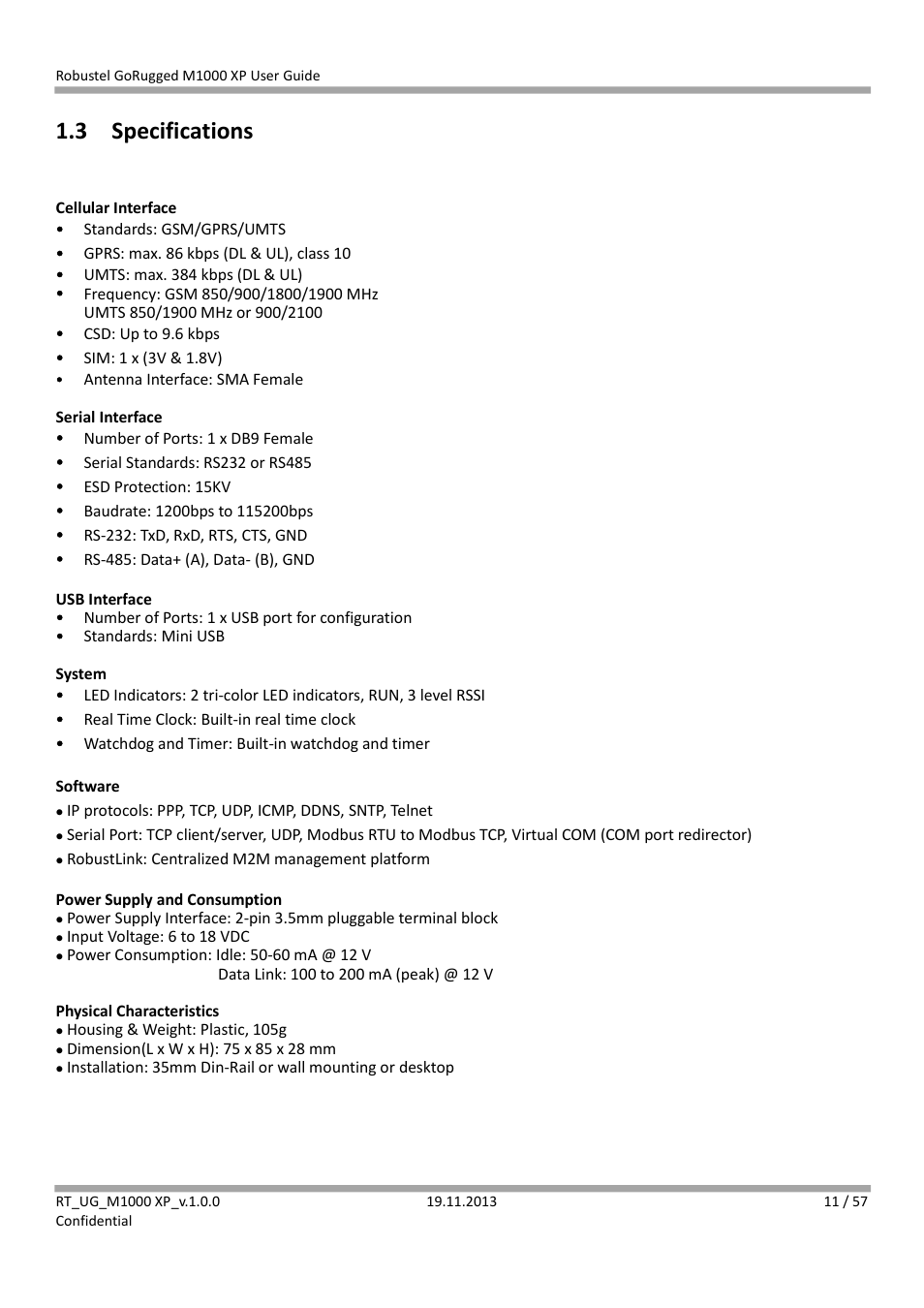 3 specifications, Specifications | Robustel M1000 XP User Guide User Manual | Page 12 / 58