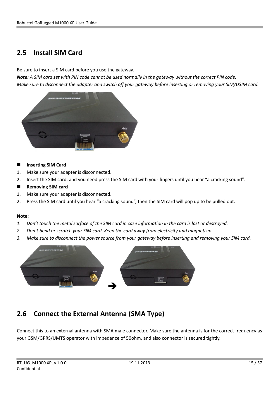 5 install sim card, 6 connect the external antenna (sma type), Install sim card | Connect the external antenna (sma type) | Robustel M1000 XP User Guide User Manual | Page 16 / 58