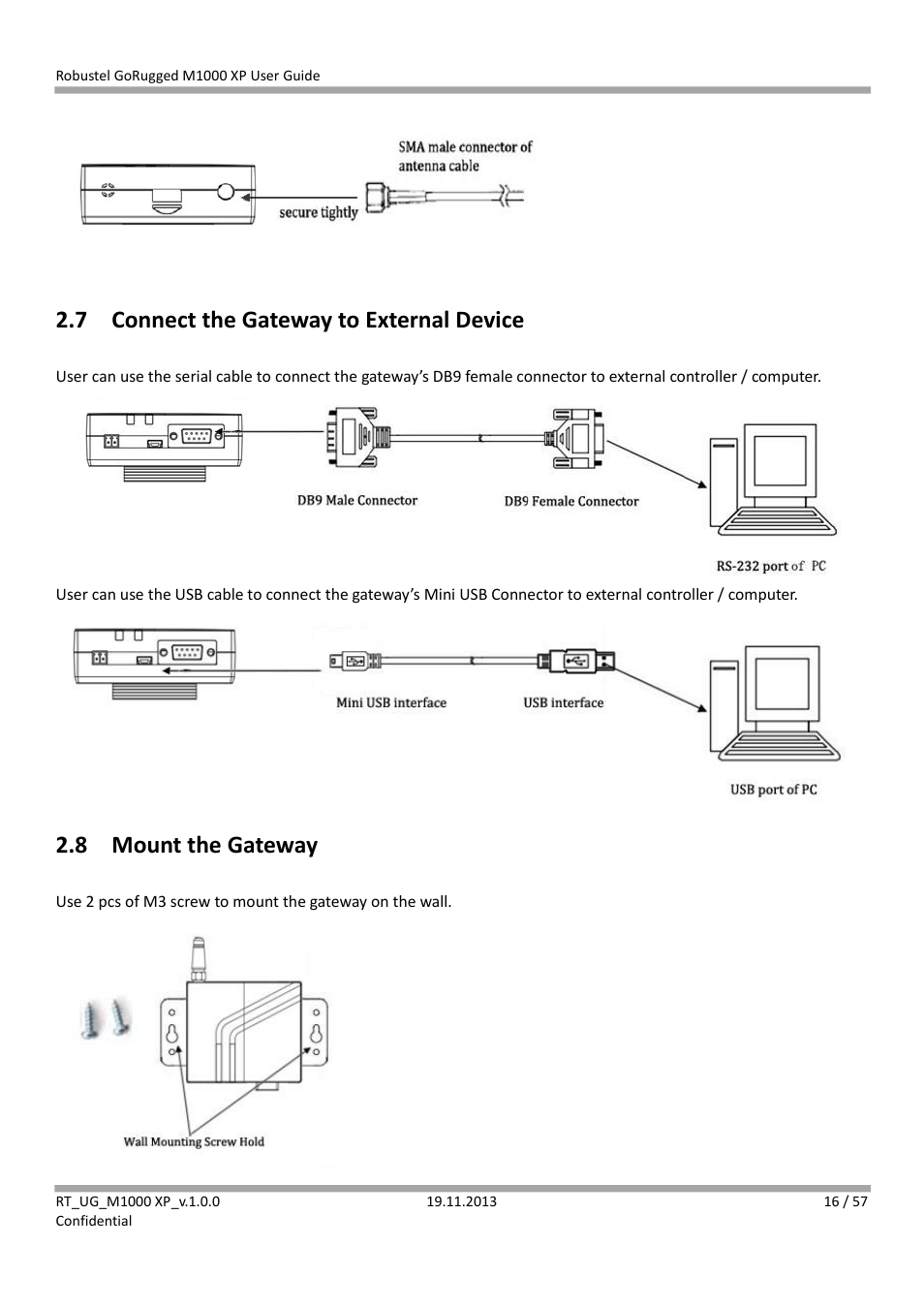 7 connect the gateway to external device, 8 mount the gateway, Connect the gateway to external device | Mount the gateway | Robustel M1000 XP User Guide User Manual | Page 17 / 58