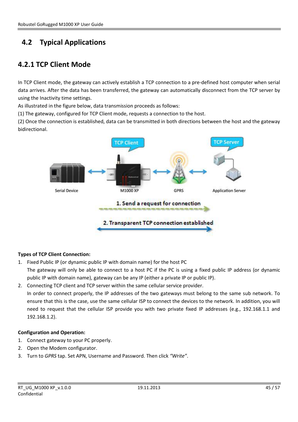 2 typical applications, 1 tcp client mode, Typical applications | Tcp client mode, 2 typical applications 4.2.1 tcp client mode | Robustel M1000 XP User Guide User Manual | Page 46 / 58