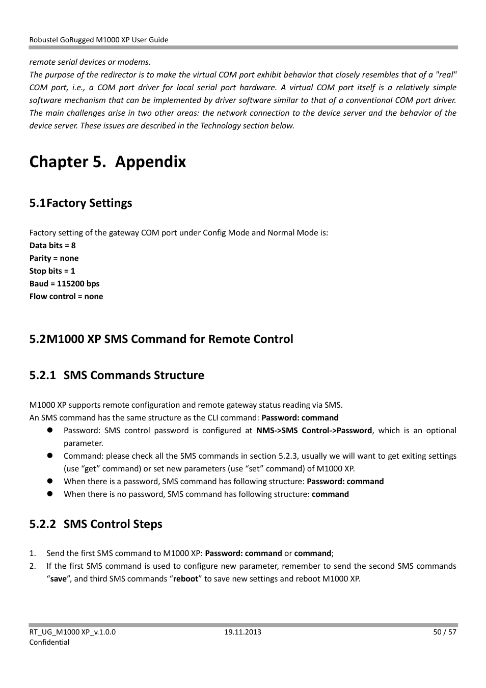 Chapter 5. appendix, 1 factory settings, 2 m1000 xp sms command for remote control | 1 sms commands structure, 2 sms control steps, Chapter 5, Appendix, Factory settings, M1000 xp sms command for remote control, Sms commands structure | Robustel M1000 XP User Guide User Manual | Page 51 / 58