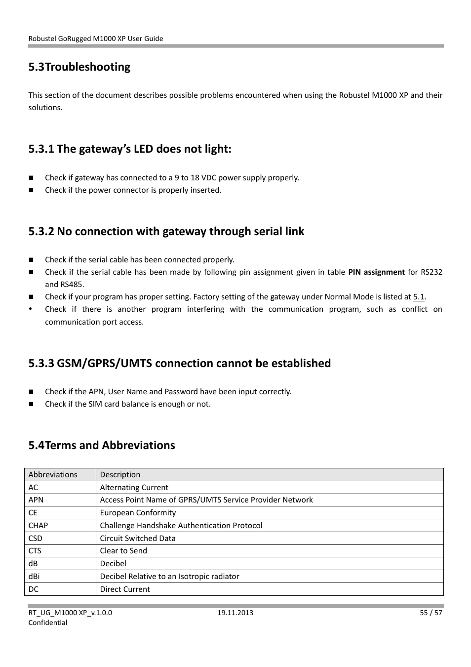 3 troubleshooting, 1 the gateway’s led does not light, 2 no connection with gateway through serial link | 3 gsm/gprs/umts connection cannot be established, 4 terms and abbreviations, Troubleshooting, The gateway’s led does not light, No connection with gateway through serial link, Gsm/gprs/umts connection cannot be established, Terms and abbreviations | Robustel M1000 XP User Guide User Manual | Page 56 / 58