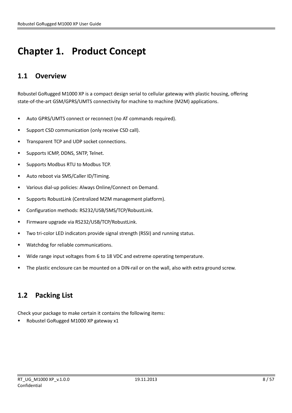 Chapter 1. product concept, 1 overview, 2 packing list | Chapter 1, Product concept, Overview, Packing list | Robustel M1000 XP User Guide User Manual | Page 9 / 58