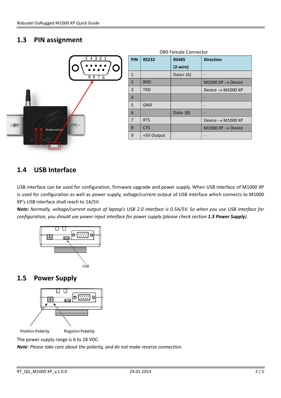 3 pin assignment, 4 usb interface, 5 power supply | Robustel M1000 XP Quick Guide User Manual | Page 2 / 5