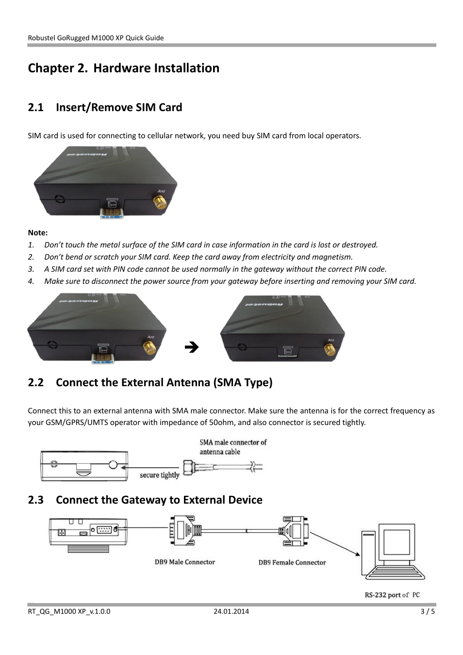 Chapter 2. hardware installation, 1 insert/remove sim card, 2 connect the external antenna (sma type) | 3 connect the gateway to external device | Robustel M1000 XP Quick Guide User Manual | Page 3 / 5